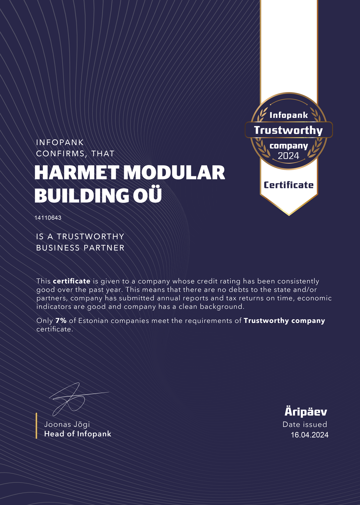 Certificate for Trustworthy Company